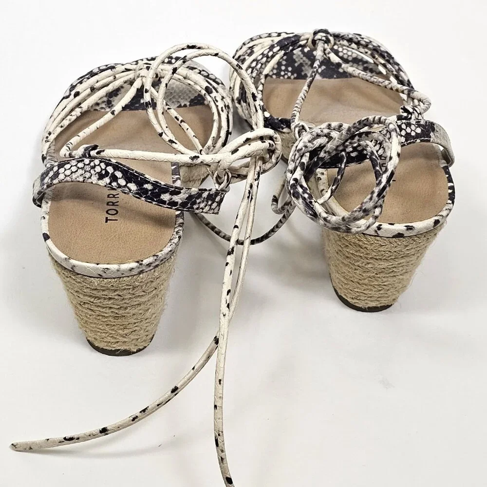 Torrid Sandals Snake Ankle Lace Up Wrap Cork Wedge Shoes Sz 8.5 Wide Espadrille